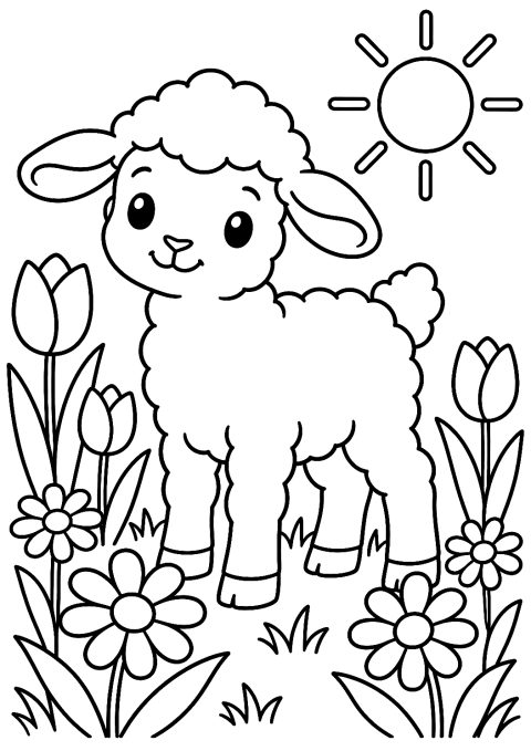 Agnello pasquale nel prato fiorito da colorare – disegno da colorare da stampare