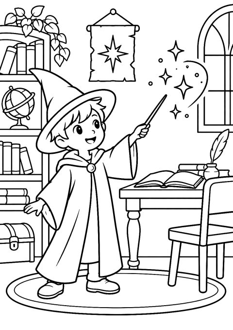 Giovane Apprendista Mago che Esercita la sua Bacchetta da Colorare – disegno da colorare da stampare