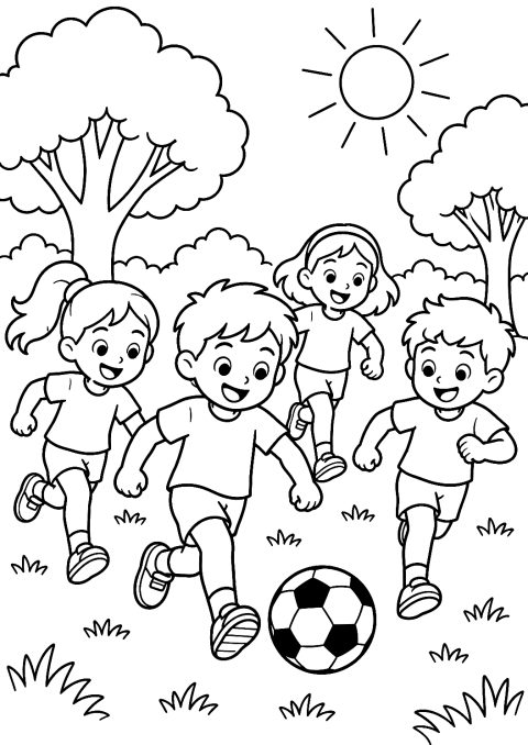 公園でサッカーをする子どもたちのぬりえ – 印刷用ぬりえ