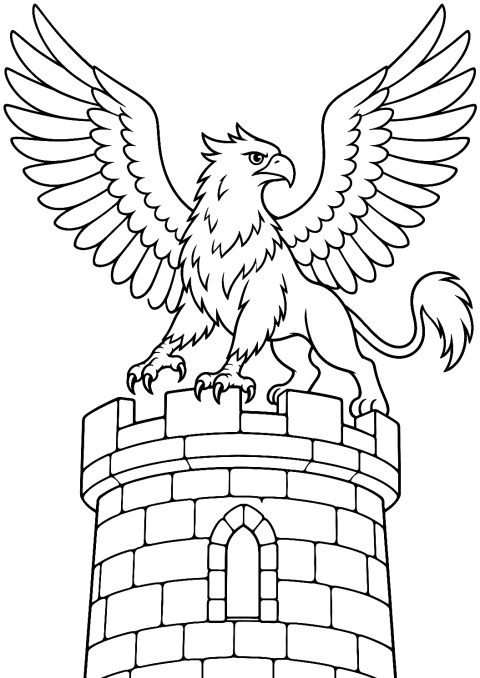 Un grifo aterriza en una torre para colorear – dibujo para colorear e imprimir