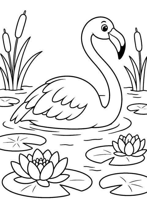 Flamant Rose Nageant dans l'Étang à Colorier – coloriage à imprimer
