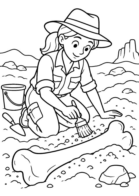 Paléontologue en train de fouiller des os de dinosaure à colorier – coloriage à imprimer