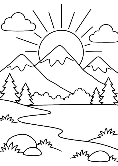 Nascer do sol sobre as montanhas para colorir – desenho para colorir para imprimir