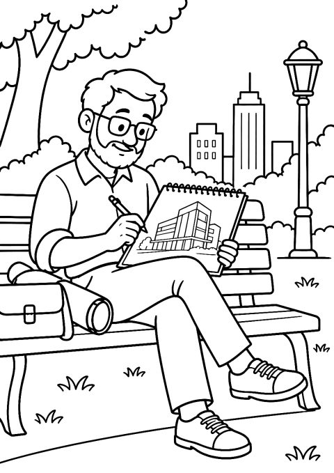 Architecte en train d'esquisser dans le parc à colorier – coloriage à imprimer