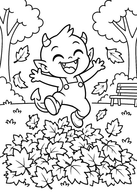 秋の落ち葉で遊ぶ小さな悪魔のぬりえ – 印刷用ぬりえ