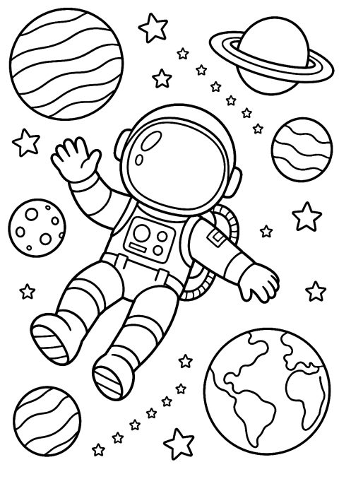 宇航员漂浮在行星之间涂色页 – 可打印的涂色图