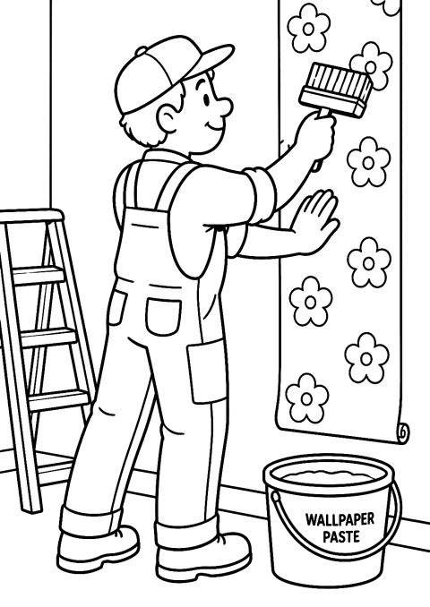 Painter Wallpapering a Wall Coloring Page – printable coloring page