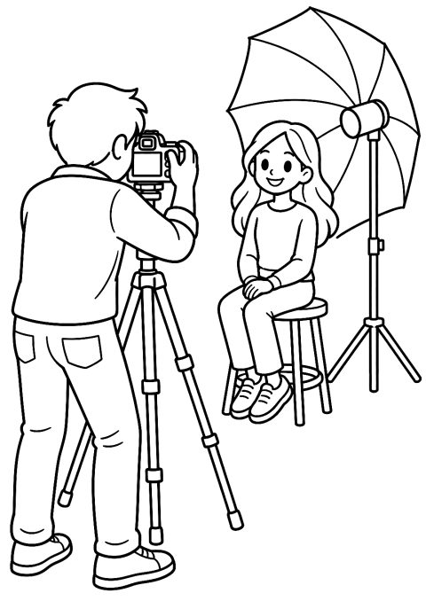 Fotógrafo no estúdio fotográfico com flash para colorir – desenho para colorir para imprimir