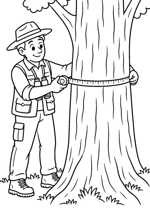 Guardaboschi che misura un albero da colorare – disegno da colorare da stampare
