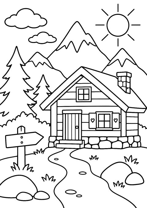 Cabaña alpina para colorear – dibujo para colorear e imprimir