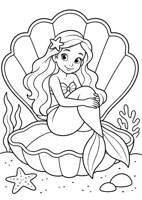Sereia numa concha para colorir – desenho para colorir para imprimir