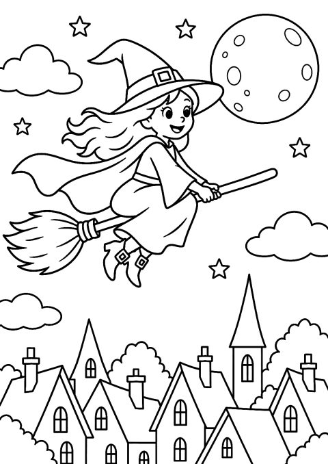 Strega che Vola sui Tetti della Città da Colorare – disegno da colorare da stampare