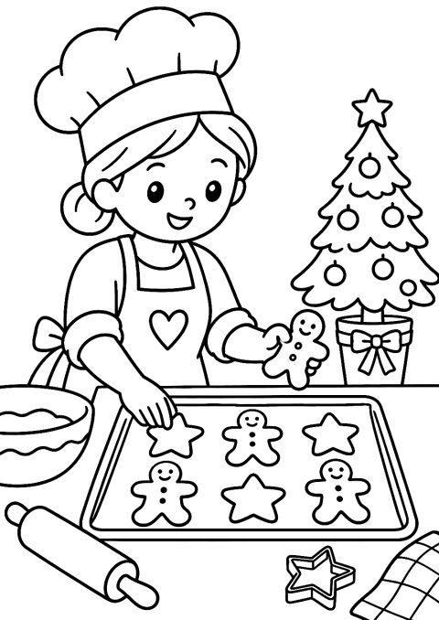 Fornaio con biscotti di Natale da colorare – disegno da colorare da stampare