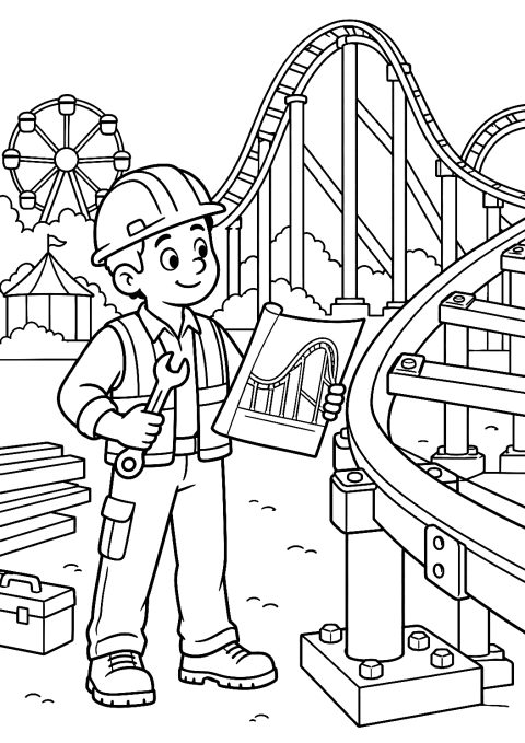 Ingenieurin beim Bau einer Achterbahn im Freizeitpark als Malvorlage – Ausmalbild zum Ausdrucken