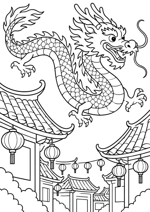 Chinesischer Drache über den Dächern als Malvorlage – Ausmalbild zum Ausdrucken