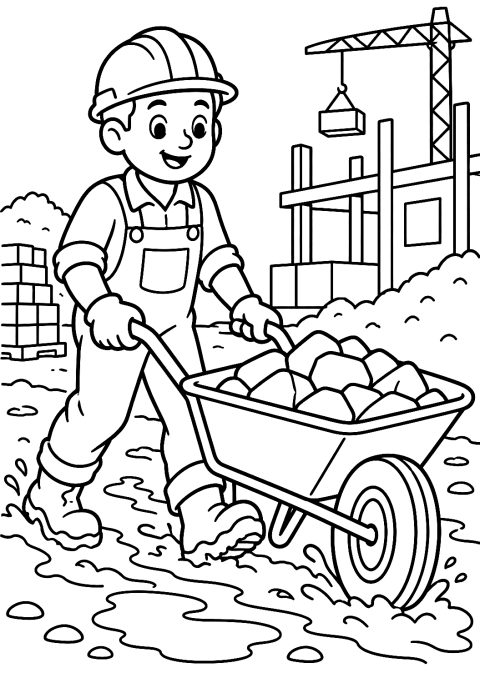 Construction Worker with Wheelbarrow Full of Stones Coloring Page – printable coloring page