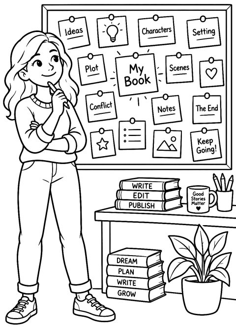 Author brainstorming with sticky notes coloring page – printable coloring page
