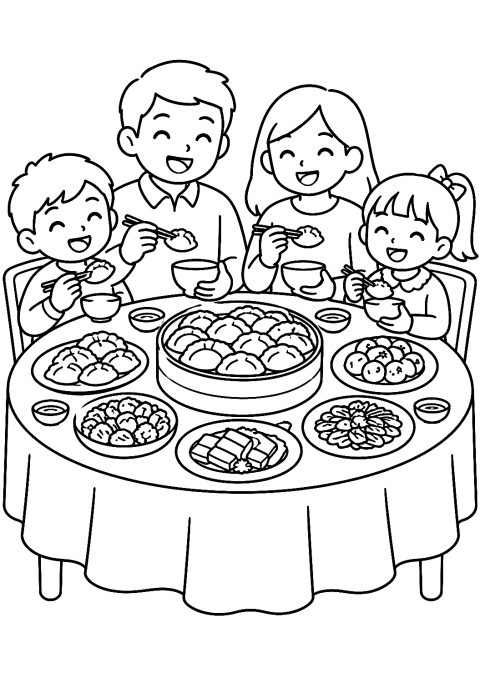 Family Dinner at the New Year's Table Coloring Page – printable coloring page
