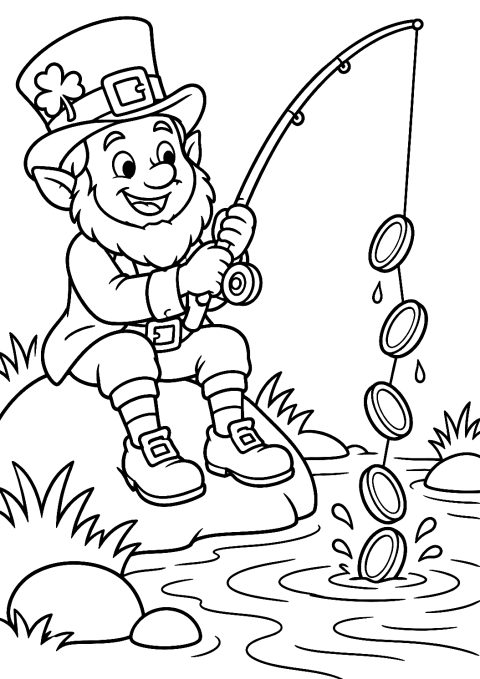 Leprechaun Fishing for Gold Coins in the Stream Coloring Page – printable coloring page