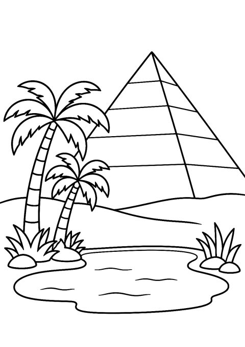 Pyramidi palmuineen ja keitaineen värityskuvana – tulostettava värityskuva