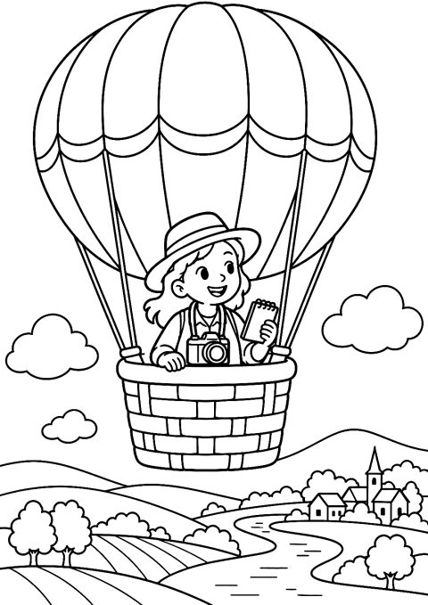 Journalist in a Hot Air Balloon on a Reporting Trip Coloring Page – printable coloring page