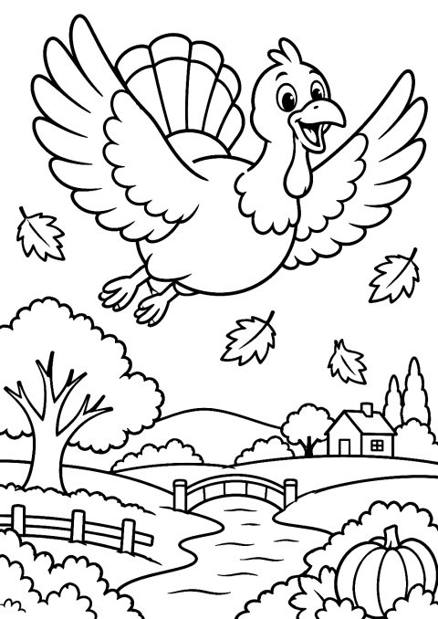 Tacchino Volante nel Cielo Autunnale da Colorare – disegno da colorare da stampare