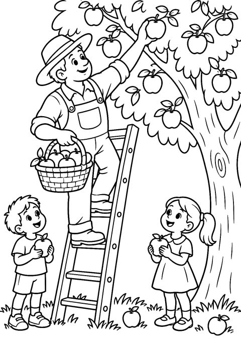 Jardinero en la Escalera Recogiendo Fruta para Colorear – dibujo para colorear e imprimir