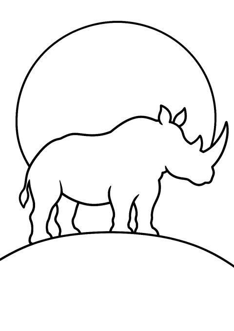 Nashorn im Sonnenuntergang als Malvorlage – Ausmalbild zum Ausdrucken