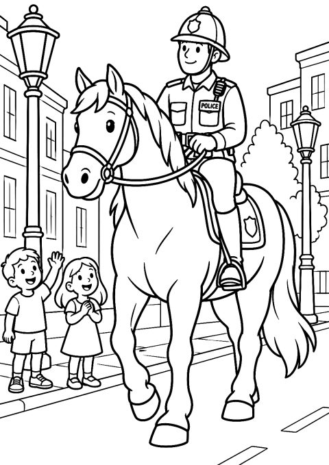 Polizeipferd mit Reiterin in der Stadt als Malvorlage – Ausmalbild zum Ausdrucken