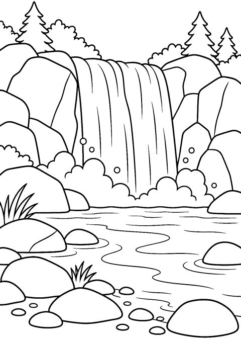 Wasserfall am Flussanfang als Malvorlage – Ausmalbild zum Ausdrucken