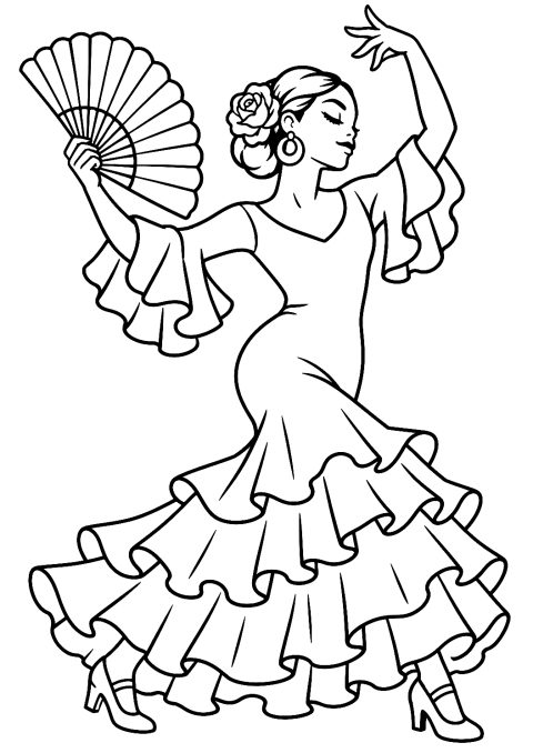 Flamenco táncosnő legyezővel kifestőként – nyomtatható kifestő