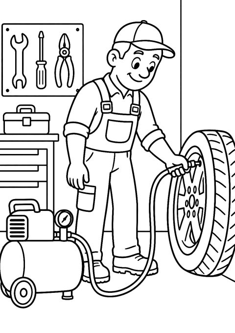 Mechanik pompujący oponę jako kolorowanka – kolorowanka do druku