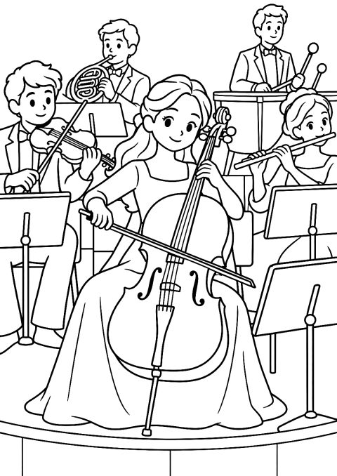 Cellistin im Orchestergraben als Malvorlage – Ausmalbild zum Ausdrucken