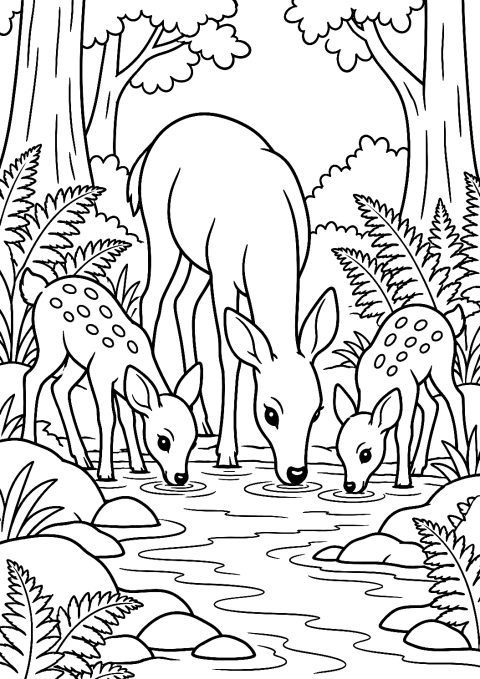 Hirschfamilie am Waldbach als Malvorlage – Ausmalbild zum Ausdrucken
