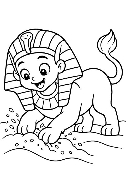 Baby-Sphinx spielt im Sand als Malvorlage – Ausmalbild zum Ausdrucken