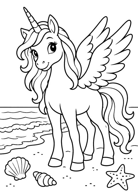 Einhorn mit Flügeln am Strand als Malvorlage – Ausmalbild zum Ausdrucken