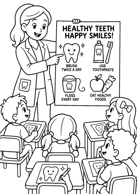 Children at Dentist School Coloring Page – printable coloring page