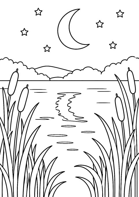 Moon Over the Calm Lake Coloring Page – printable coloring page