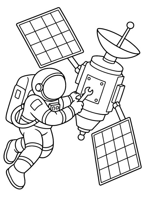 Astronaut lagar en satellit som målarbild – målarbild att skriva ut