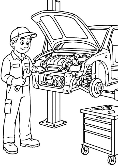 Ingeniero construyendo un coche en el taller para colorear – dibujo para colorear e imprimir