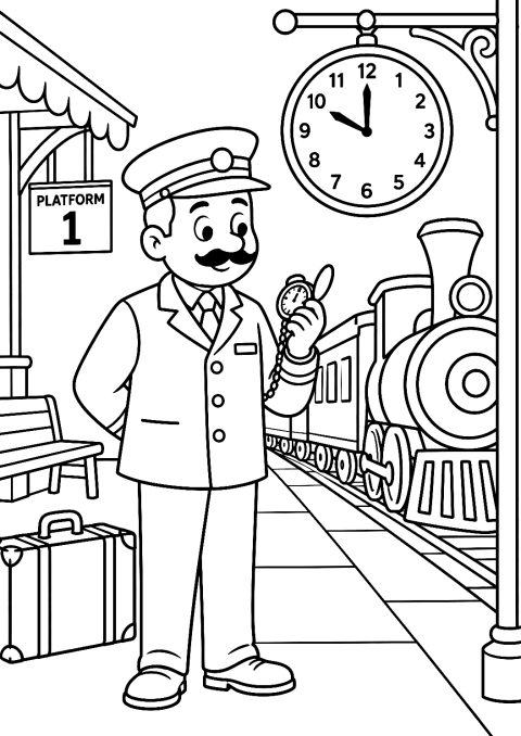 Chef de train regardant l'horloge de la gare à colorier – coloriage à imprimer