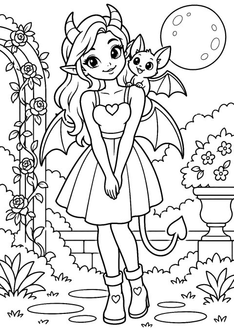 肩にコウモリをのせた女悪魔のぬりえ – 印刷用ぬりえ
