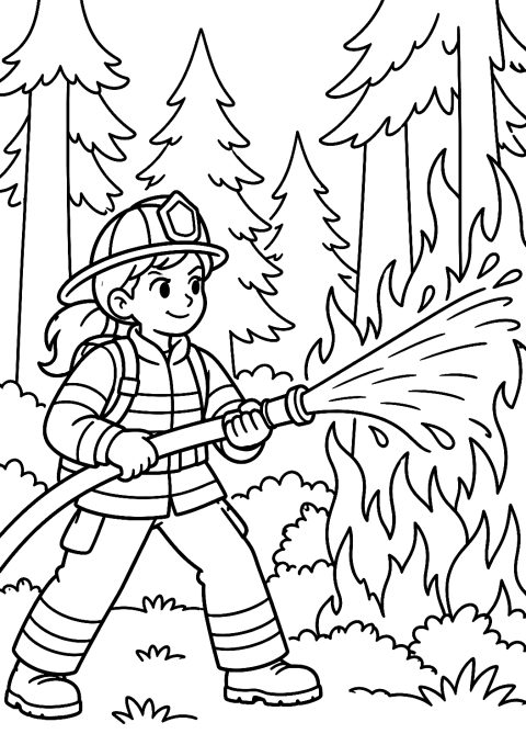 Pompiera Spegne un Incendio Boschivo da Colorare – disegno da colorare da stampare