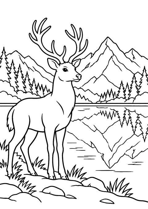 Hjort vid bergsjön som målarbild – målarbild att skriva ut