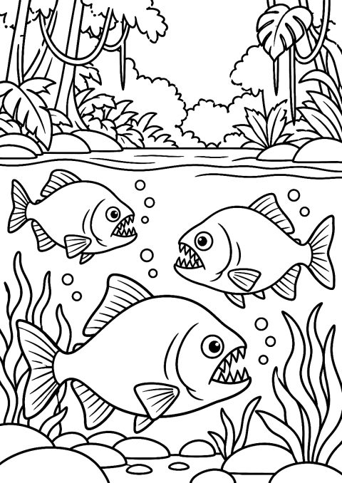 Piranhas in the Rainforest Coloring Page – printable coloring page