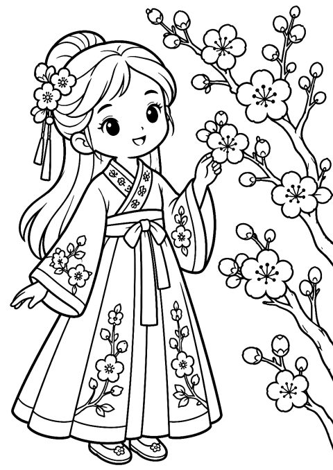 Girl in a New Year Dress Coloring Page – printable coloring page