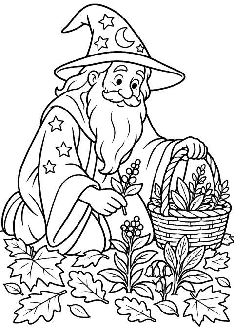 Wizard in the Autumn Forest Gathering Herbs Coloring Page – printable coloring page