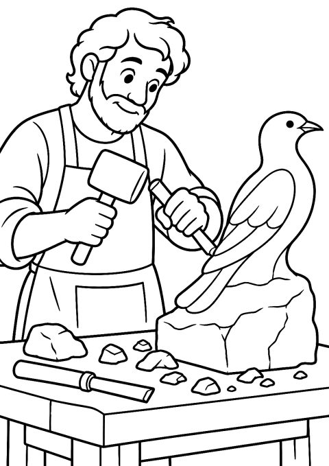Scultore che Modella una Scultura di Uccello da Colorare – disegno da colorare da stampare