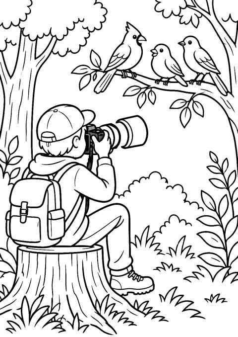 Fotograf beim Fotografieren von Vögeln im Wald als Malvorlage – Ausmalbild zum Ausdrucken