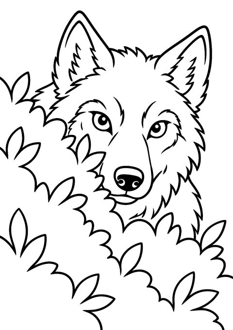 Loup qui observe depuis les buissons à colorier – coloriage à imprimer